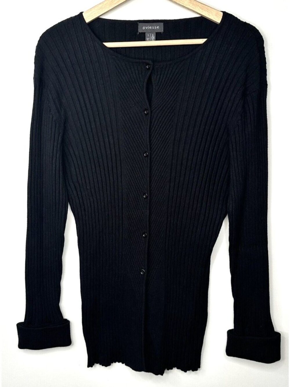 Oviesse Ribbed Knit Cardigan Womens XL Black Button Up Fitted Stretch Sweater
